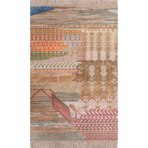 Alfombra Manchaha de Lana y Seda de Bambú con Patrón Abstracto Anudada a Mano en Rojo y Naranja - Para Uso Doméstico Les-2677 - Product Image 1