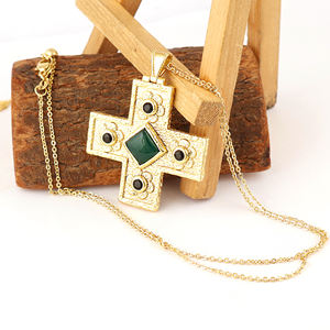 Trendy jewelry green onyx with <b>black</b> cz <b>cross</b> pendant <b>necklace</b> 18k gold plated texture brass metal statement <b>necklace</b> for women - Product Image 3