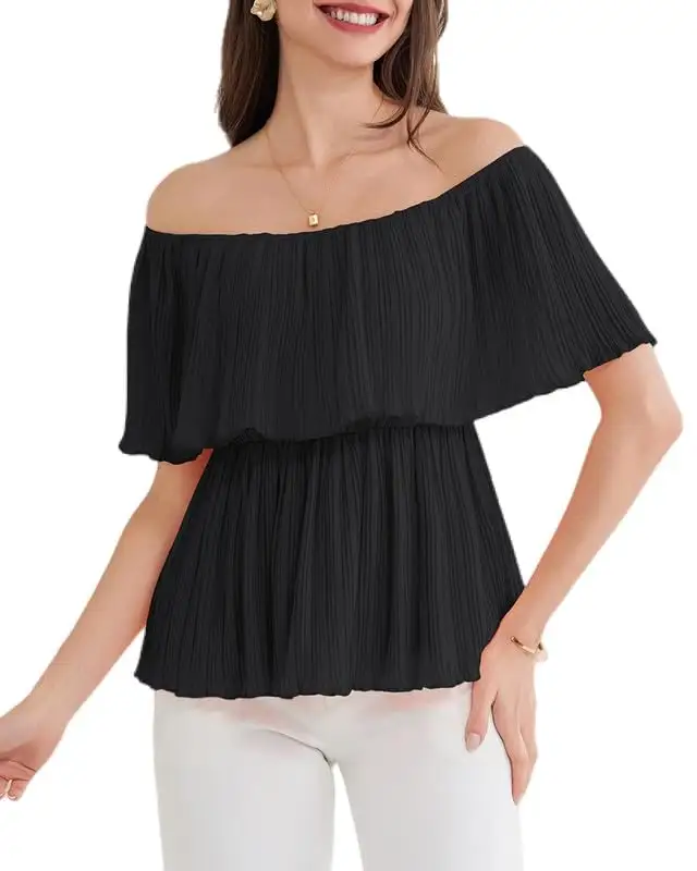 Dames Zomer Off The Shoulder Tops Ruches Korte Mouwen Peplum Flowy Blouses Shirts Elastische Rimpels Chic Casual