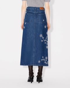 Falda Midi Vaquera de Cintura Alta para Mujer, Corte en A, Bordado Floral, Algodón Lavado, Estilo Casual de Primavera - Product Image 1