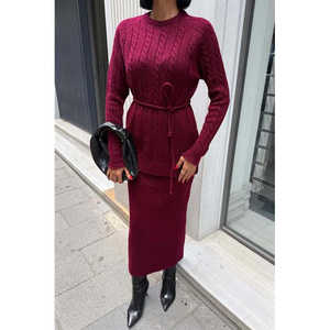 Conjunto de suéter de punto con cinturón y estampado de trenzas para mujer 10218 - Product Image 2