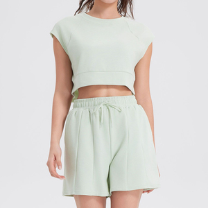 ที่กําหนดเองขายส่งผู้หญิงathleisureฤดูร้อนชุดพืชเสื้อสเวตเตอร์และกางเกงขาสั้นเหงื่อผู้หญิงสองชิ้นวาฟเฟิลชุดลําลอง - Product Image 2