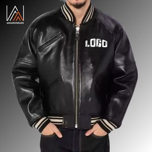 แจ็คเก็ตหนังเบสบอลสีดำเงาสำหรับผู้ชายแจ็คเก็ตบอมเบอร์เลตเตอร์แมนมีซิปรูด - Product Image 1