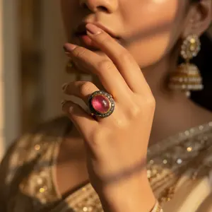 "Rose Gold & Rhodium Plated Fashion <b>Ring</b> with Pink Gemstone <b>for</b> <b>Women's</b> <b>Statement</b> Jewelry" - Product Image 2