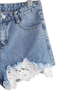 Blue Denim Lace Trim Shorts <b>Women</b> Summer High <b>Waist</b> Casual Flower Embroidery Distressed <b>Jean</b> Shorts Trendy Fashion Wear - Product Image 2