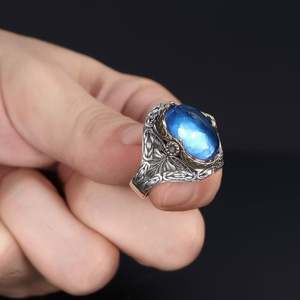 Azuris – bague pour hommes en argent sterling 925, avec Logo personnalisé, style ottoman, pierre noire naturelle, fabriquée à la main en turquie, VALKH1525 - Product Image 1