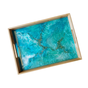 Plateau de service pour la maison et les mariages en bambou et résine époxy, cadeau de fiançailles avec plats et assiettes - Product Image 1