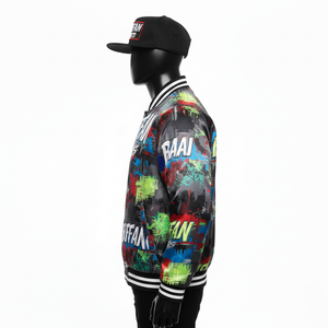 Chaqueta de Satén de Lujo, Tela Suave y Ligera con Colores Vibrantes de Grafiti y Logotipo Personalizado en Toda la Superficie, Chaqueta Sublimada para Hombre - Product Image 3