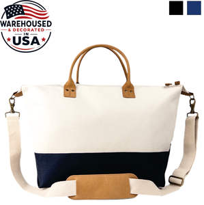 Bolsa de Viaje de Fin de Semana de Lona Premium de Lujo, 20x14x10, Cierre de Cremallera, Cuero Ecológico, Herrajes de Latón, Compartimento para Portátil - Product Image 1