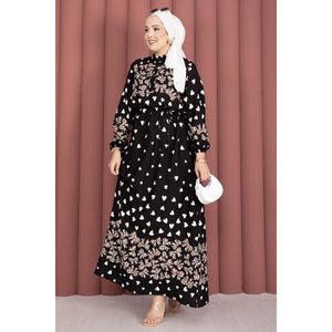 Robe en viscose à imprimé léopard, coupe ample, ceinturée, en mousseline noire-beige avec élément floral tendance - Product Image 1