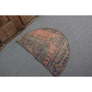 Alfombra Redonda Vintage de 2.5x1.5 pies, Alfombra Turca Azul con Diseño Floral - Product Image 1