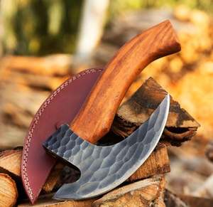 Cuchillo de cocina con hacha cortador de pizza de acero al carbono 1095 de alta calidad hecho a mano con Funda de cuero para pizzas y más. - Product Image 2