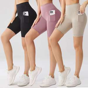 Venta al por mayor de pantalones cortos de motorista para las mujeres con bolsillos Correr Gimnasio de cintura alta Control de barriga Entrenamiento Pantalones cortos de yoga - Product Image 1