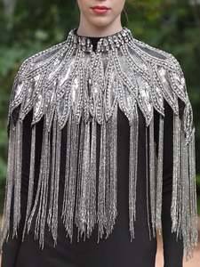 Robe de soirée élégante pour femmes, style sirène, cape à paillettes, fonction antistatique, magnifiques perles brodées, franges - Product Image 4