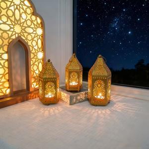 Luxurious Gold Metal <b>Moroccan</b> Style Candle Lantern with Intricate Cutwork Warm Glow Luxury Festive Home Table <b>Decor</b> - Product Image 4