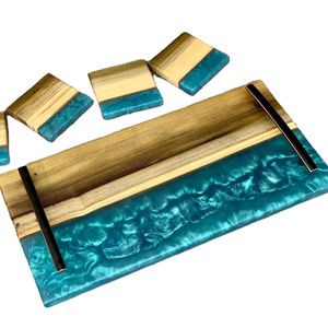 Quality Product Food Tray with 4 Pcs Coasters Set Acacia Wood & Resin Serving Tray with Metal Handle <b>Restaurant</b> & <b>Hotel</b> <b>Supplies</b> - Product Image 1