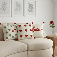 Offre Spéciale Saint-Valentin : Ensemble de 3 Housses de Coussin en Tissu de Coton Brodé avec Fermeture Éclair Discrète, 43x43 cm, Motif Cœur Rouge Amour