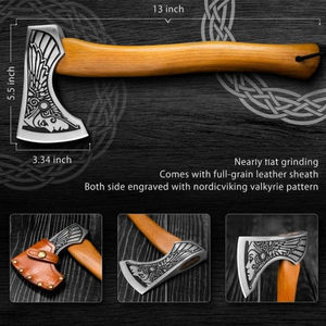 Hache à tête en acier à haute teneur en carbone, motif Valkyrie gravé, hache barbue, manche en bois, prise en main parfaite, qualité industrielle, personnalisable pour le bricolage - Product Image 6