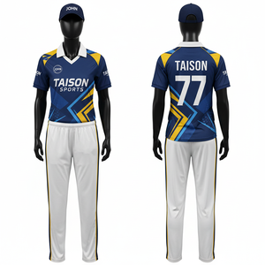 Uniforme de cricket pour femmes en polyester respirant de qualité supérieure 170 GSM, bleu et jaune, design à panneaux géométriques, logo personnalisé par sublimation - Product Image 1