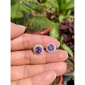 925 Silver Round <b>Amethyst</b> <b>Stud</b> <b>Earrings</b> with Bezel Setting Romantic Trendy Geometric Design for Wedding Engagement or Party - Product Image 2