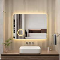 Miroir de salle de bain LED rectangulaire moderne sans cadre, rétroéclairé avec loupe, 3 couleurs réglables, interrupteur tactile, coins arrondis