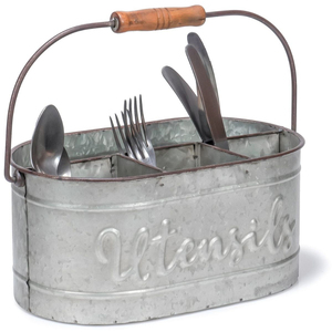 Stylish Antique Silver <b>Utensil</b> Caddy Farmhouse Rustic Metal Cutlery Holder With 4 Divided Compartments And Handles In Best Price - Product Image 4