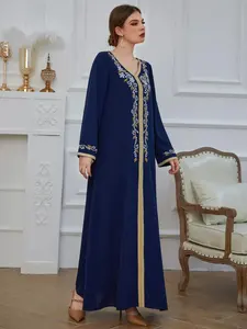 Customized Women's Polyester Fit Flare Long Sleeve Maxi <b>Dress</b> Floral Embroidered Muslim <b>Dress</b> Belt Floor-Length Woven Decoration - Product Image 2