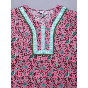 Robe de nuit pour femme 100% coton, robe de bain décontractée à imprimé floral, poche latérale, fermeture à cordon, confortable, respirante, taille XS - Product Image 1