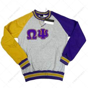 Customized Omega <b>Grey</b> Purple Chenille Crewneck Greek <b>Sweatshirt</b> With Cangro Pockets Cotton Fleece Purple and Old Gold sleeves - Product Image 1