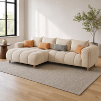 Canapé d'angle moderne en tissu moelleux avec pieds en bois massif pour villa, appartement, hôtel, salon