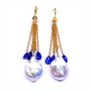 Ensemble de boucles d'oreilles chaîne pour femmes de mariage classique en argent sterling 925 avec kyanite baroque perle pierres précieuses plaqué or - Product Image 2