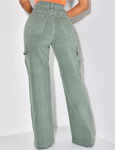 Pantalones vaqueros de mujer con múltiples bolsillos informales personalizados OEM, pantalones Cargo personalizados para mujer, pantalones de cintura alta, pantalones de pierna ancha con cremallera para mujer - Product Image 3