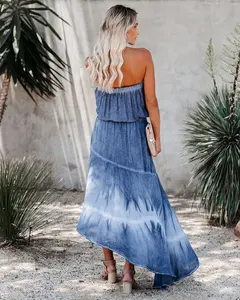 Rayon Tie-Dye Women's Wear <b>Strapless</b> High Low Denim Wash <b>Dress</b> Ideal for Beach, Picnic and Casual <b>Summer</b> Gatherings - Product Image 3