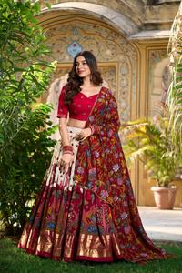 Nouveau lancement femmes Tussar soie Kalamkari impression avec bordure de travail en feuille avec Lehriya Lehenga Choli Se - Product Image 4