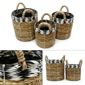 Juego de Cestas de Almacenamiento de Plástico Reciclado con Diseño de Corteza de Plátano Natural, Borde Blanco y Negro, Asa Arqueada, Organizador de Macetas, Diseño Artístico Puro - Product Image 2
