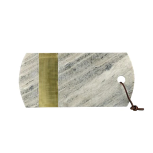 Tabla de cortar de madera de acacia y mármol, tabla de charcutería, para servir frutas y pan, Correa colgante de cuero de latón gris Staone - Product Image 1