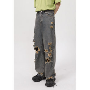 Pantalones vaqueros de moda nueva moda con logotipo personalizado, pantalones vaqueros casuales de mendigo de calle, pantalones ajustados rasgados para hombre, pantalones vaqueros rectos para hombre - Product Image 1