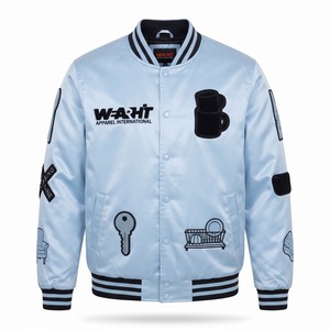 Chaqueta Bomber de Satén Personalizada para Hombre, Azul Hielo y Negro, con Parches de Chenilla Bordados, Logotipo Personalizado OEM, Ropa Urbana - Product Image 1