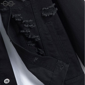 Chaqueta de mezclilla con bolsillo y solapa deshilachada rasgada de algodón para hombre Botón de bolsillo frontal Detalle rasgado Manga regular de un solo pecho - Product Image 6
