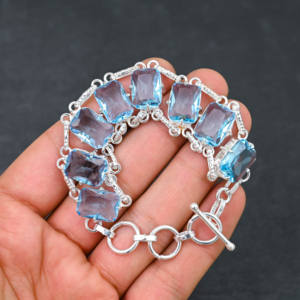 Designer Handmade 925 Silver Plated <b>Chain</b> Bracelet Lab-Created Blue Topaz Gemstone IGI Certified Luxury Fine Wedding Party - Product Image 1