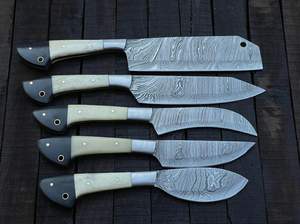Juego de Cuchillos de Chef Profesionales Hechos a Mano de Acero de Damasco con Mango de Hueso para Uso en Restaurantes, Incluye Bolsa de Cuero, Cuchillos para Cortar Carne - Product Image 3
