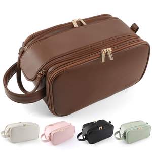 Large Capacity Travel <b>Makeup</b> <b>Bag</b> Leather Cosmetic <b>Bag</b> Travel Essentials Organizers <b>with</b> <b>Compartments</b> Brown Color - Product Image 2