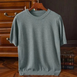 Tricoté à manches courtes T-shirt hommes été basique col rond T-shirt Chic couleur T-shirt hommes hauts pull en laine ample - Product Image 5