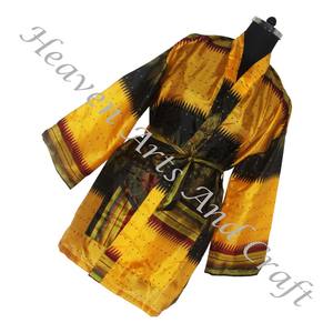 KS007 hermoso Vintage seda Sari Vintage Kimono corto Vintage seda Sari seda hecho a mano mujeres túnicas con bolsillos y cinturón OEM - Product Image 1