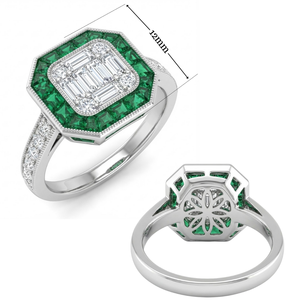 Bague de fiançailles cocktail vintage Art Déco en or massif 18 carats avec émeraude naturelle et cluster de diamants baguette véritable pour femme - Product Image 4