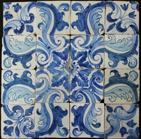 Carreaux en céramique portugaise rétro faits à la main, tons rouge et bleu avec des motifs géométriques linéaires pour la décoration intérieure de salle de bain