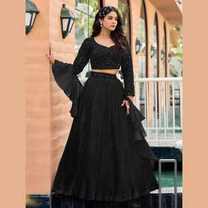 Lehenga ผ้าเกาหลีสีดำสง่างามเที่ยงคืนพร้อมลูกปัดลูกแพร์มีรายละเอียดชุดอินเดียที่ทันสมัยจากอินเดีย - Product Image 1