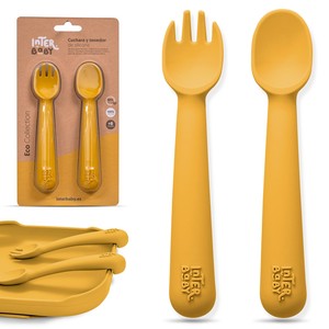 Cuchara y Tenedor de Silicona Color Ocre Tierra para Platos y Utensilios, Duraderos y Fáciles de Limpiar - Product Image 1