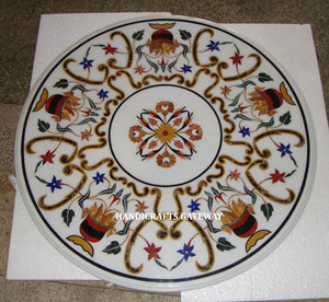 <b>Round</b> Shape Beautiful and <b>White</b> Marble Inlay Coffee <b>Table</b> Top Handmade With Polished Marble Inlaid Tea <b>Table</b> Top for Party Use - Product Image 1