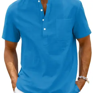 Chemise Henley en lin pour homme, col uni, manches courtes, fermeture pour le quotidien, les occasions professionnelles, les occasions formelles d'été, haut décontracté en taille XL - Product Image 1